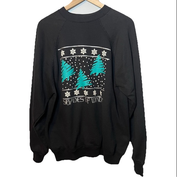 Vintage Christmas Sweatshirt Trees Winter Tultex size XL black Crewneck pullover - Picture 1 of 5